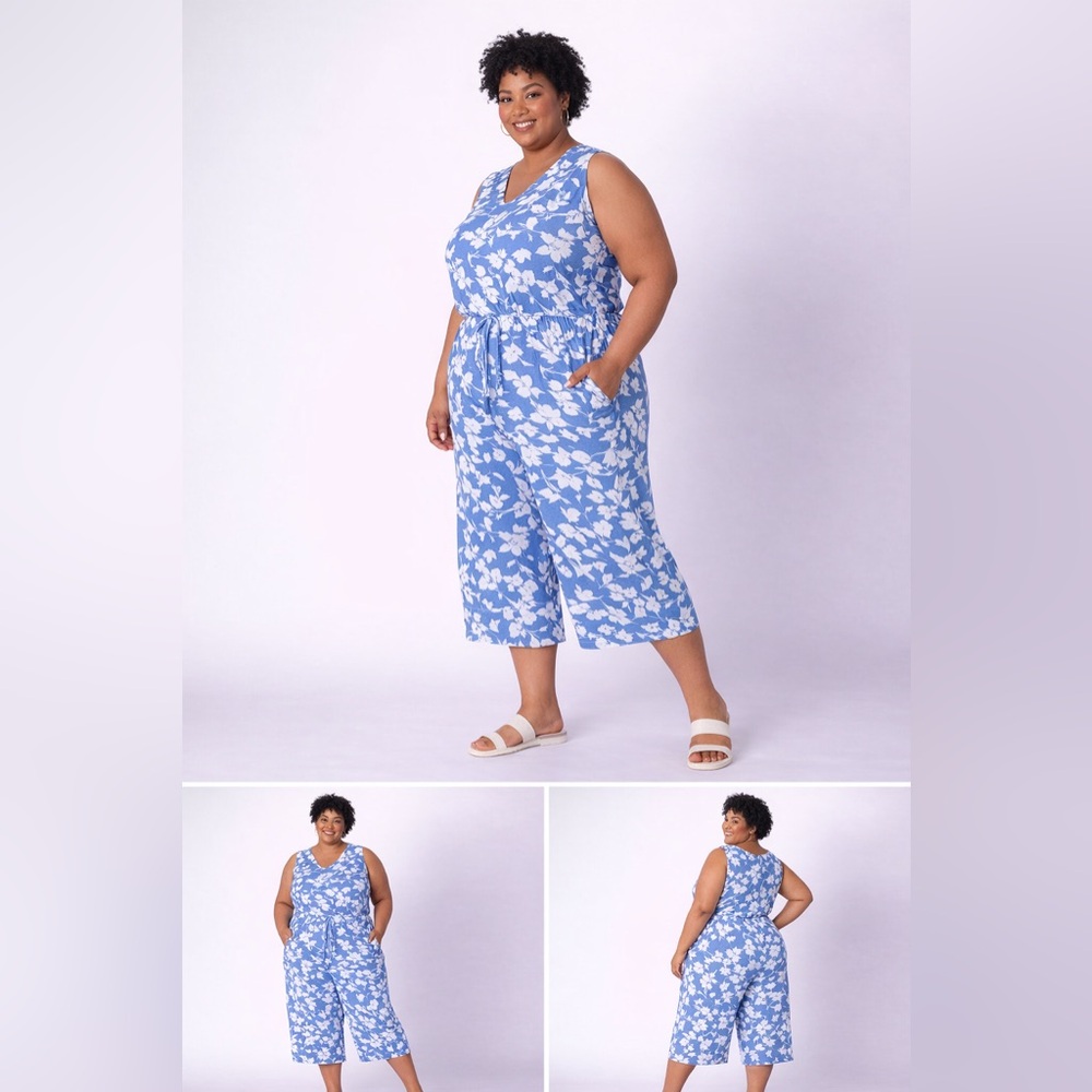 Blue Floral Sleeveless Jumpsuit with Tie Waist